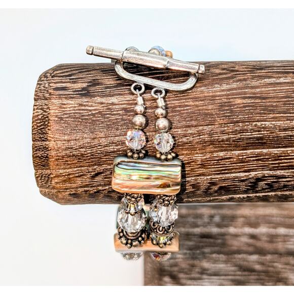 Signed Abalone Shell Chunks AB Crystal Sterling Beaded Toggle Clasp Bracelet - Picture 9 of 15